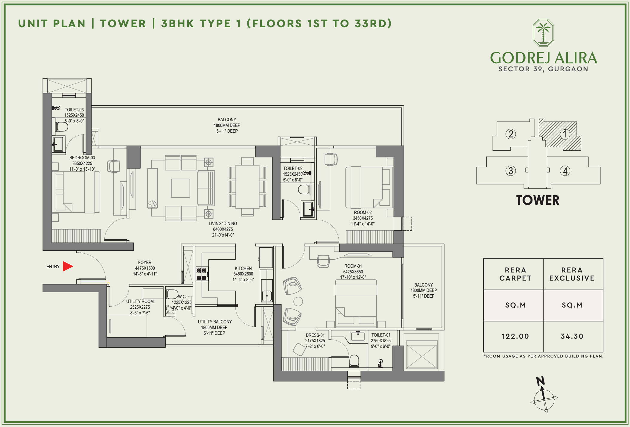 3bhk floor plan of Godrej Alira-min