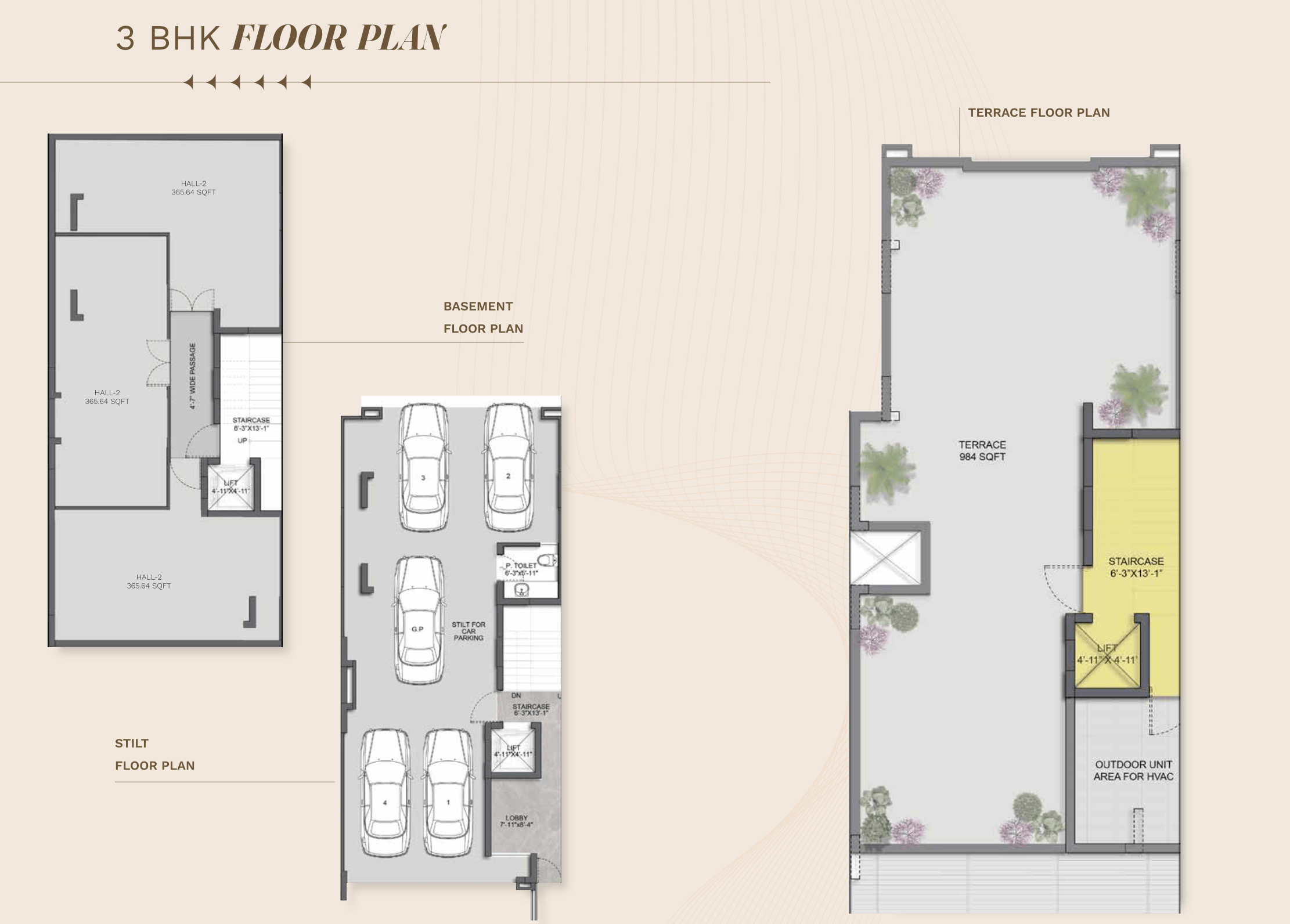 3bhk floor plan of basement stilt and terrace-min
