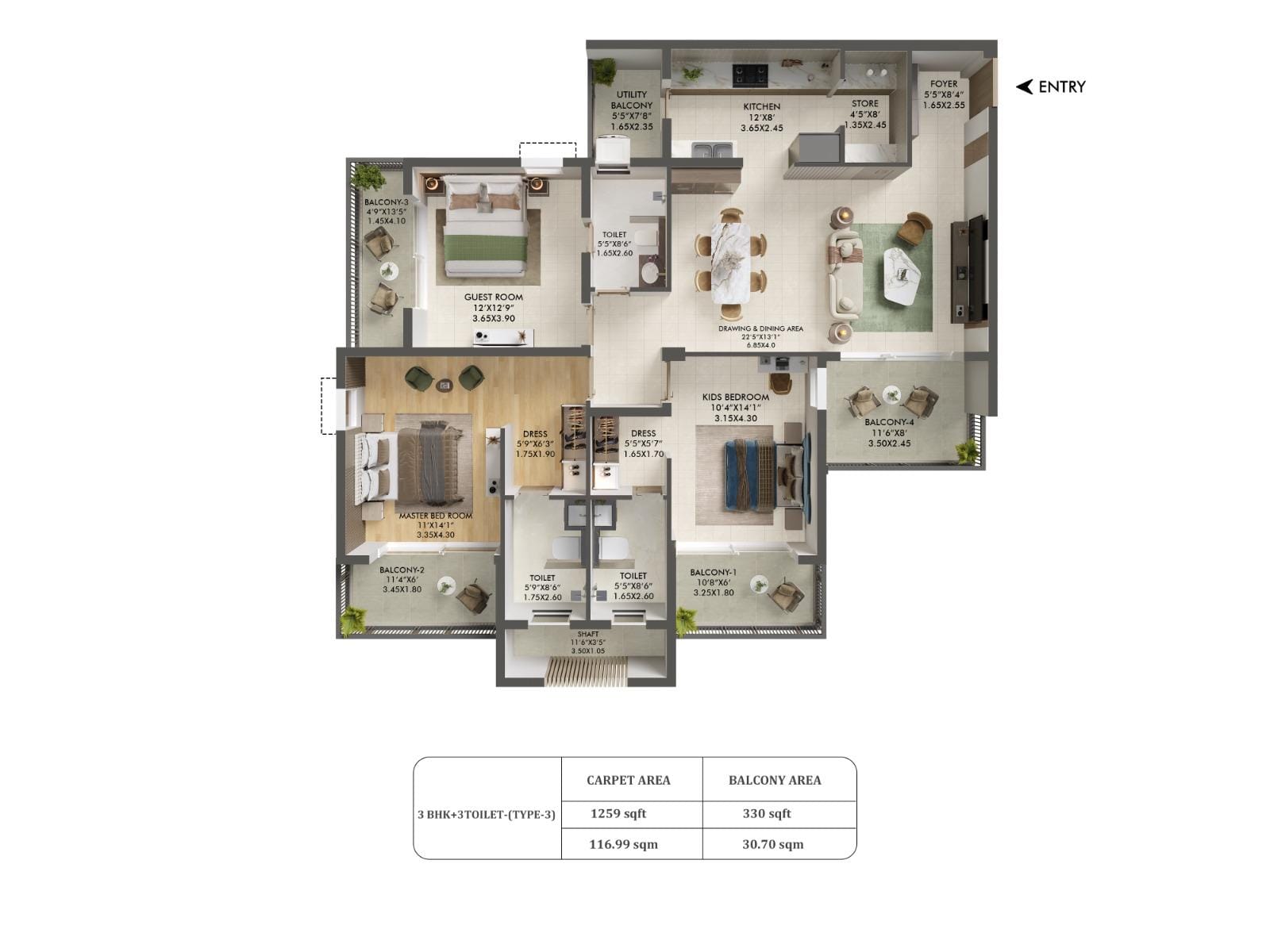 Ashiana Aaroham 3bhk + 3T Type 3